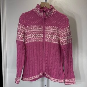 LL Bean Pink White Nordic Fair Isle Sweater Cable‎ Knit Size Medium